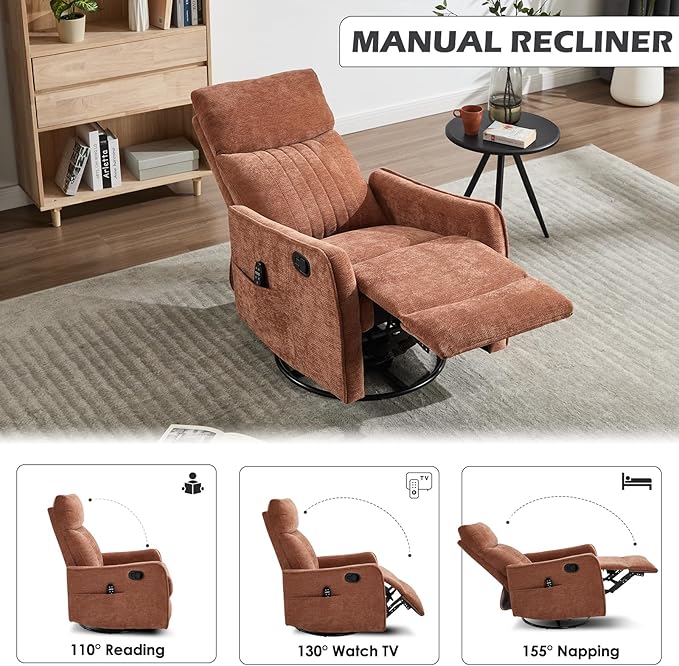 Swivel Rocker Recliner Chair 360° Swivel Recliner with Heat and Massage Rocker Recliner Nursery Glider Chair with Side Pockets for Living Room (Orange Fabric)