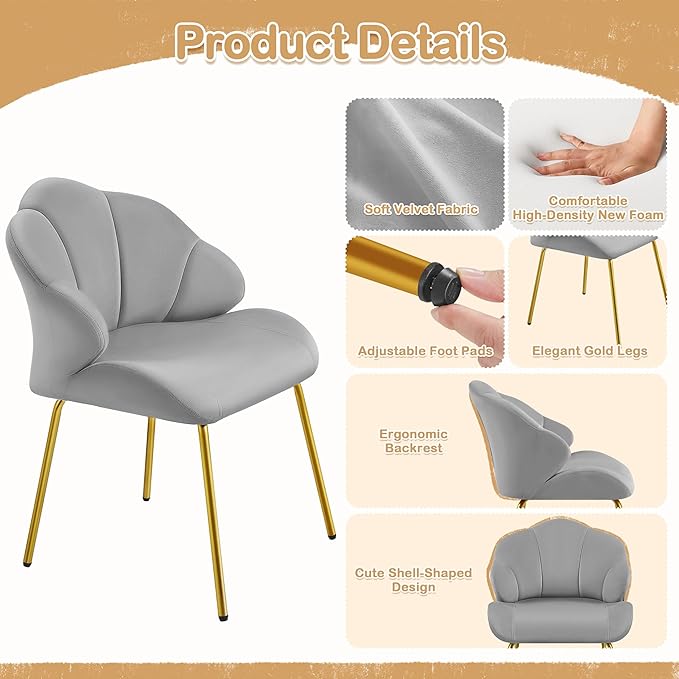 Yaheetech Vanity Chair Velvet Accent Chair with Shell-Shaped Backrest Modern Armchair with Gold Metal Legs for Dressing Room/Bedroom/Living Room Light Gray