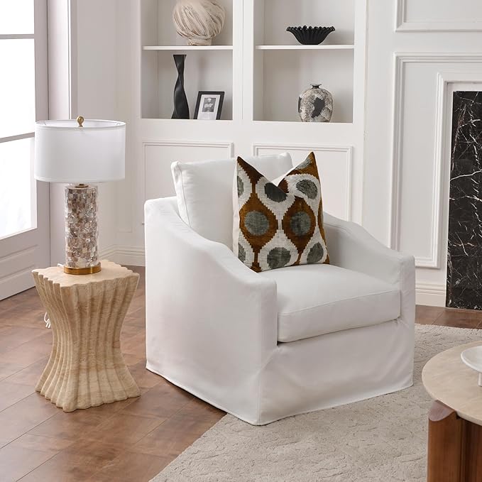 KINWELL 28 Wide Upholstered Down Fill Slipcovered Swivel Barrel Chair Modern Comfy Swivel Accent Chair with Pillow Back for Living Room Bedroom Fully Assembled (Pearl White)