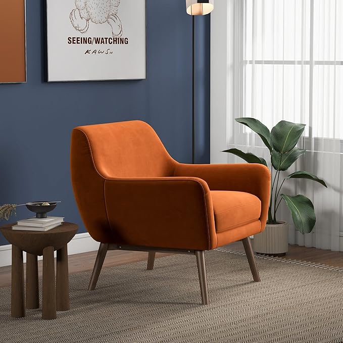 GDFStudio Mid-Century Modern Comfy Accent Chair Upholstered Boucle Lounge Vanity Chair with Back &amp Solid Wood Legs Armchair Sofa Chair for Bedroom Living Room Makeup Burnt Orange &amp Brown