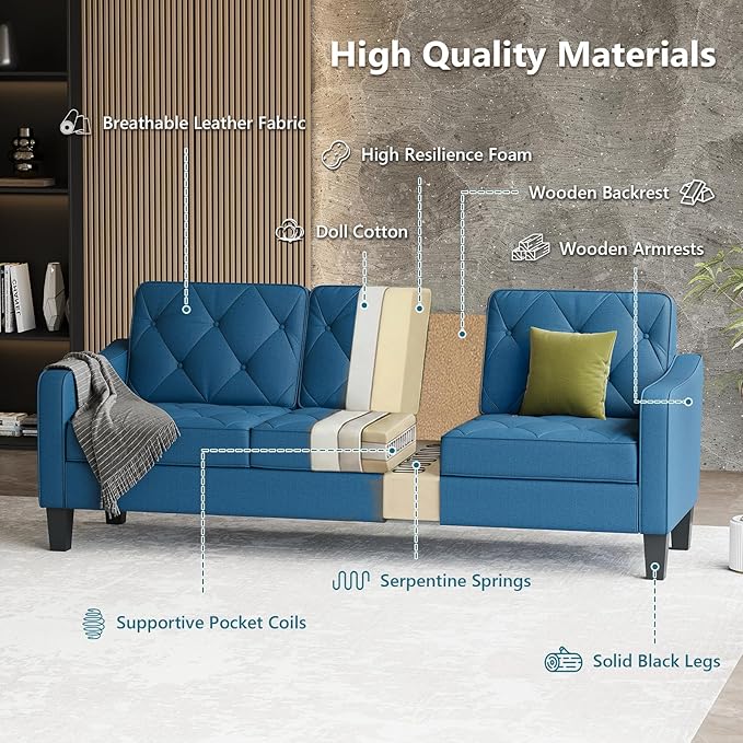 STHOUYN 83” Blue Sofas &amp Couches Small 3-Seater Sofa for Living Room Apartment Size Couch Comfy Mini Couch Living Space Couch Tufted Design Office or Waiting Area (Blue) | Tufted Design Blue