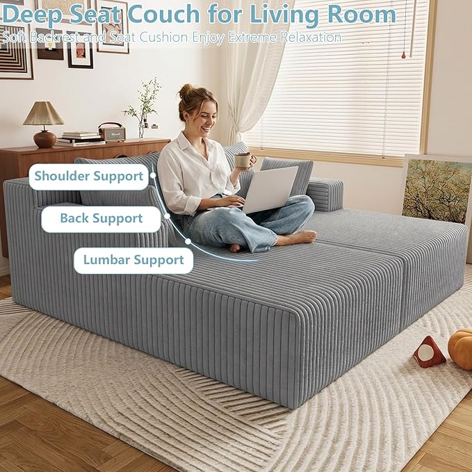 71Oversized Chaise Lounge ChairSectional Double Lounge Chaise with PillowsUpholstered Corduroy Boneless Lounge ChairFluffy Modern Loveseat Sleeper Sofa for Living Room &ampBedroom(Light Grey)