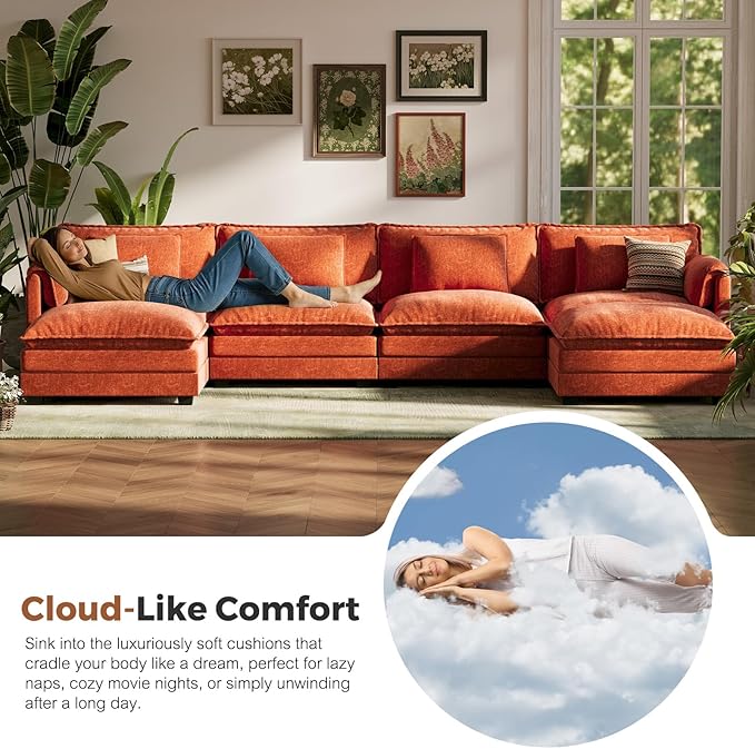 ABCASA Oversized 150 U Shaped Couch Modular Sectional Sofa 6-Seat Comfy Cloud Couch with 4 Pillows Deep Seat Couches for Living Room Bedroom and Apartment Chenille Orange