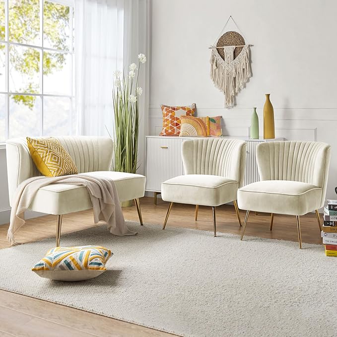 HULALA Home 3 Piece Velvet Living Room Furniture Set Modern Comfy Upholstered Chair Set with Golden Legs Include Loveseat &amp 2 Accent Chairs for Bedroom Ivory Tufted 2-Seater Sofa &amp Armless