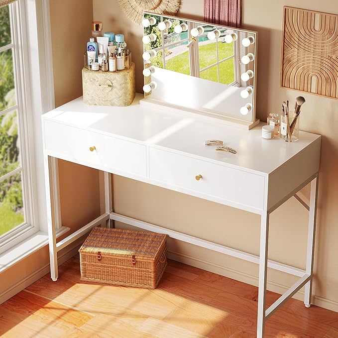 SUPERJARE 39.4 White Desk with 2 Drawers Modern Makeup Vanity Desk Small Computer Desk Home Office Desk for Writing Study Bedroom