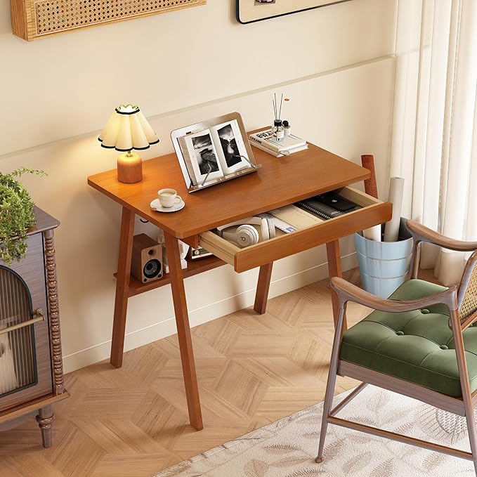 Solid Wood Desk with Drawers - 31.5 Inch Mid Century Modern Desks with Storage Shelf Small Writing Desk for Small Spaces Home Office Desks for Bedroom &amp Home Walnut Color