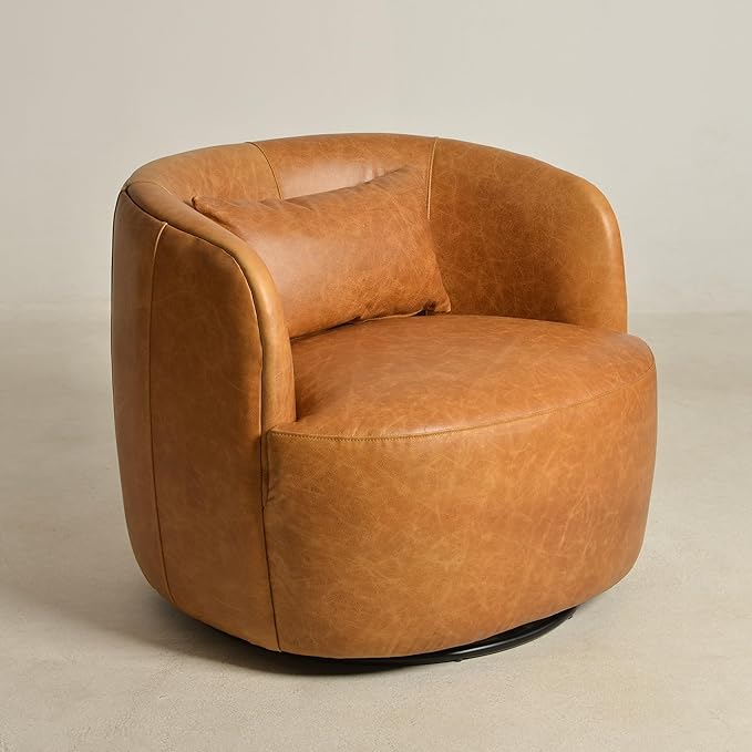 KINWELL 33'' W 100% Top Grain Genuine Leather Swivel Barrel Armchair No Assembly Round Upholstered Leather Swivel Accent Chairs with Toss Pillow for Living Room Office Lounge Camel