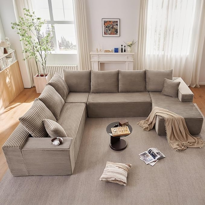 Cloud Modular Sectional Sofa for Living Room137x110 Oversized U-Shaped Couch with 9 PillowsBig Comfy Couches SetFluffy Deep-Seat Corduroy Sofa with ChaiseNo Assembly (CamelRight-Facing Chaise)