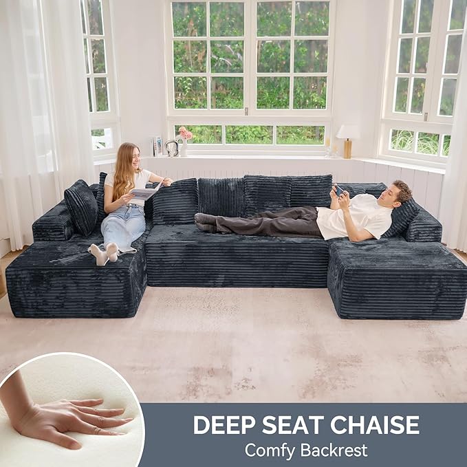 131'' Modular Sectional Cloud Sofa U-Shaped Boneless Couches with Chaise Lounge Deep Seat with 8 pcs Pillows Fluffy Memory Foam(No Assembly Required)
