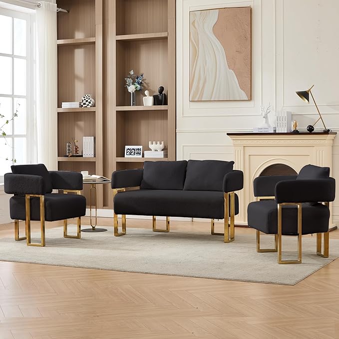51 Comfy Loveset Sofa Black Small Teddy Love Seat Sofa Bedroom Mini Couch Living Room Side Chair with Gold Metal Legs for Dressing Area Reception Room Office (Black)