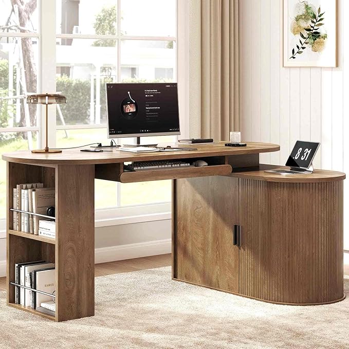 HSH L Shaped Computer Desk with Storage Cabinet Reversible Office L Desk with Keyboard Tray and Open Shelves Home Office Corner Executive Desk with Power Outlet Annual Ring Wood 60 Inch