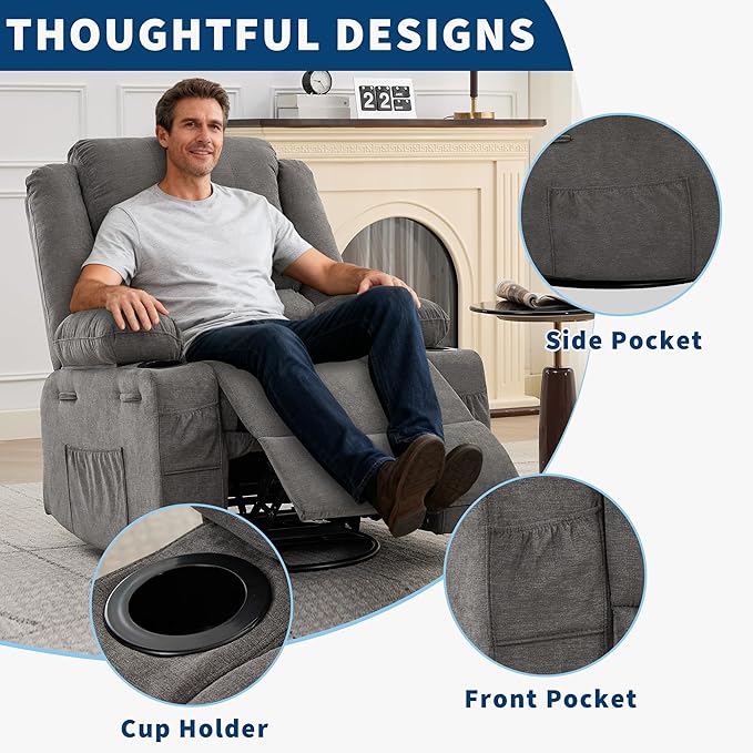 360° Swivel Recliner Chair for Adult Linen Rocker Chair with 3 Positions/2 Side Pockets/Cup Holders Manual Nursery Glider Rocking Chair for Bedroom Living Room Office