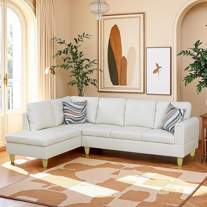 L Shaped Couch Sectional Couches with Chaise 3 Pieces Modular Convertible Sofa for Living Room Furniture Sets and Small Apartment Faux Leather White
