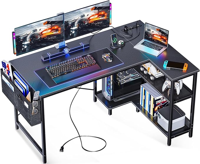 ODK 48 Inch Small L Shaped Gaming Computer Desk with Power Outlets Corner Desk with Reversible Storage Shelves &amp PC Stand for Small Space Modern Simple Home Office Table Carbon Fiber Surface B