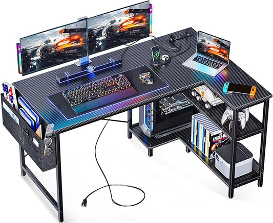 ODK 48 Inch Small L Shaped Gaming Computer Desk with Power Outlets Corner Desk with Reversible Storage Shelves &amp PC Stand for Small Space Modern Simple Home Office Table Carbon Fiber Surface B