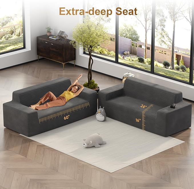 Vivvadecor 79 3-Seater Corduroy Sofa Sofa-in-a-Box Modern Floor Foam Couch with 24 Deep Seat No Assembly Needed Sofas for Compact Living Room Apartment Home Office Dark Gray