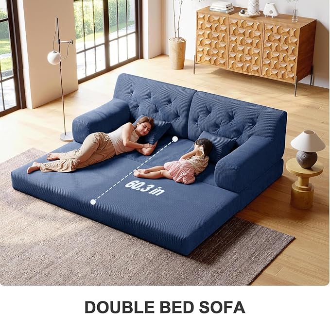 5-in-1 Folding Convertible Sofa Bed Loveseat Sleeper with Pull-Out Bed Floor Sofa Modular Futon Couch 79 Oversized Corduroy Upholstered Boneless Couch for Living Room Bedroom Lounge Blue-C
