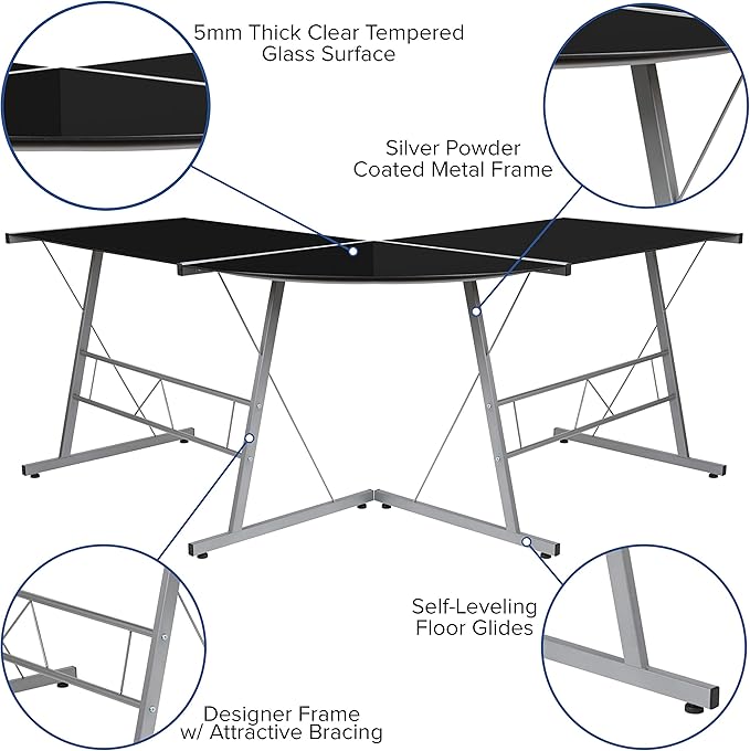 EMMA + OLIVER L-Shaped Computer Corner Glass Desk Gaming Desk Home Office Corner Desk Black