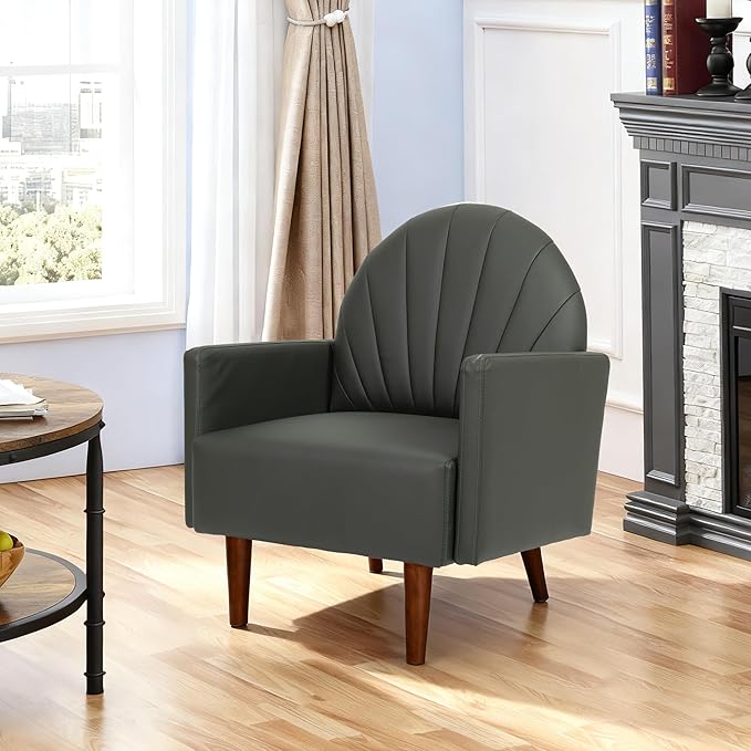 Mid-Century Accent Chair Faux Leather Armchair - Shell-Shaped Back Waterproof PU Leather Modern Retro Lounge Chair for Living Room Office Bedroom &amp Waiting Room