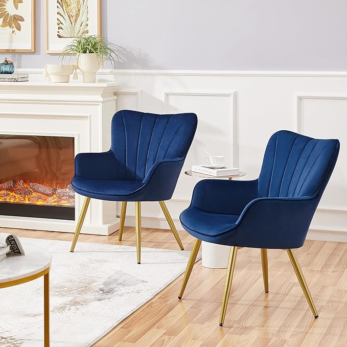 Yaheetech Velvet Accent Chair Modern Armchair with Wing Side and Metal Legs Cozy and Soft Padded and High Back for Living Room/Home Office/Bedroom Set of 2 Blue