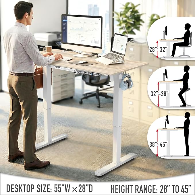 SHW 55 x 28 Inches Electric Height Adjustable Standing Desk with Drawer and Memory Preset Maple