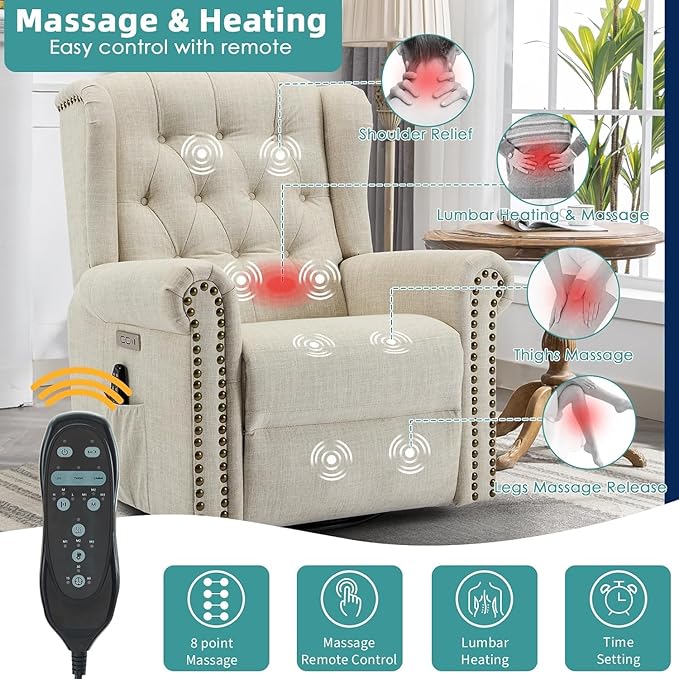 MEETWARM Power Swivel Rocking Glider Recliner Chair with Heat and Vibration Electric Rocker Nursery Reclining Chair Wingback Tufted Upholstered Recliner w/Type-C &amp USB Ports for Living Room (Bei