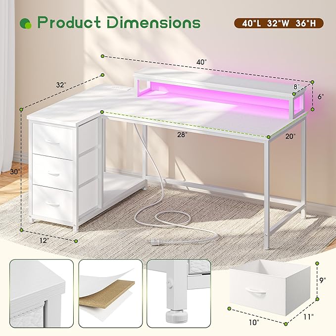 EnHomee L Shaped Gaming Desk with 3 Drawers &amp Power Outlet 40Inch White Computer Desk with LED Lights Reversible Office Desk with Monitor Stand for GamingStudy RoomHome OfficeBedroomWhite