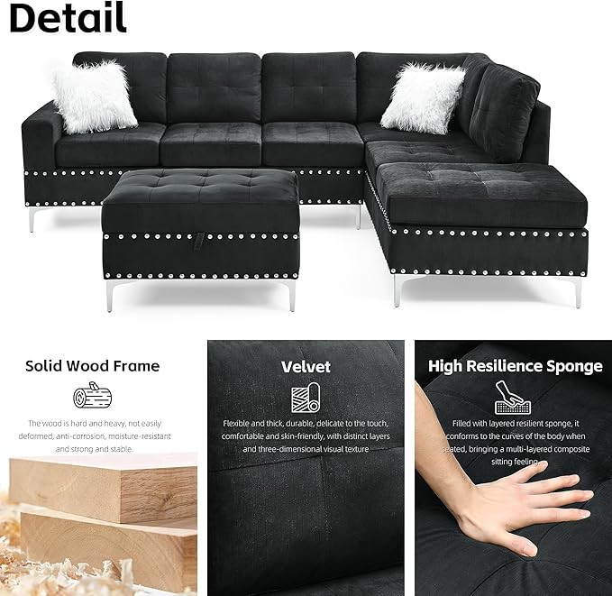 Living Room Furniture Sets L-Shape Sectional 5-Seater Sofa with Extra Wide Reversible Chaise Storage Ottoman and Cup Holders and Copper Nails 2 Pillows Black