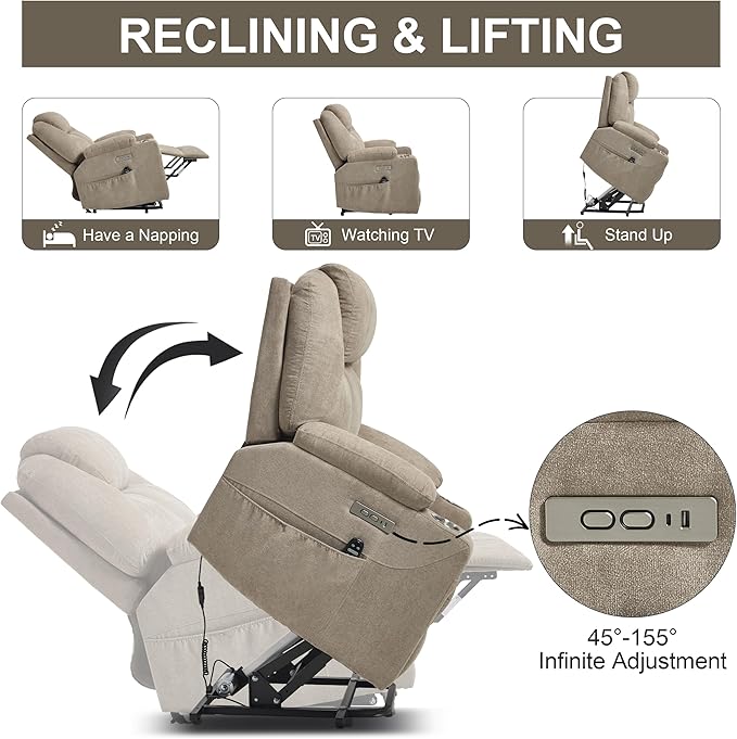 Power Lift Chair with Massage &amp Heat Electric Recliner Chairs for Adults Remote Control Sofa for Living Room Standing Assistance USB Ports Stainless Steel Cup Holders (Chenille Khaki)