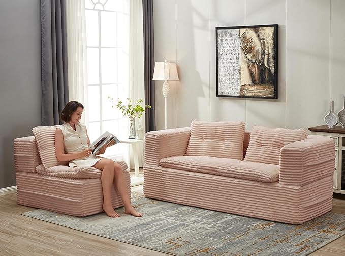 80 Sectional Queen Sleeper Sofa Bed with Independent Chaise Lounge Convertible King Size Sofa Bed with Multi Functional Blanket Corduroy Deep Seat Fluffy Foam Folding Loveseat Couch Pink