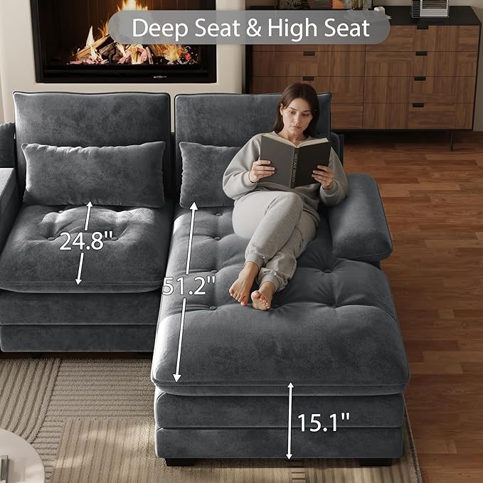 OUYESSIR 134 Oversized Grey Sectional Couches for Living RoomFluffy Couch with Chaise Lounge&ampTufted Buttons U Shaped Living Room Sofa Set FurnitureChenille 6 Seater Couch with Storage Console