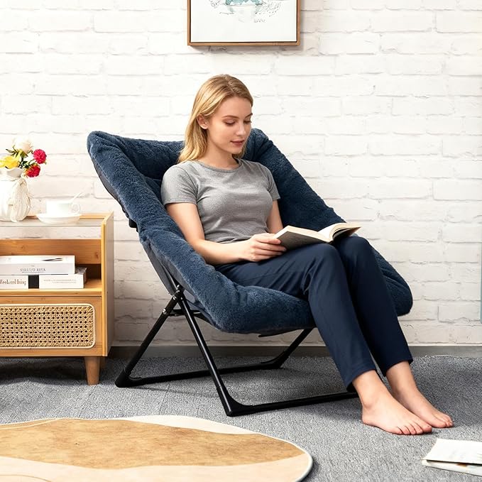 HollyHOME X-Large Saucer Chair Comfy Oversized Folding Chair Faux-Fur Reading Chair for Teens Adults Foldable Accent Lazy Chair Metal Frame Lounge Chair for Living Room Bedroom Dorm Navy Blue
