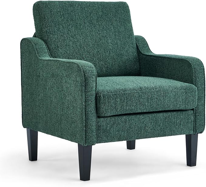 VINGLI Upholstered Chenille Accent Chair for Living Room Bedroom Mid-Century Modern Arm Chair Comfy Reading Chair with Scooped Arms (1 Dark Green)