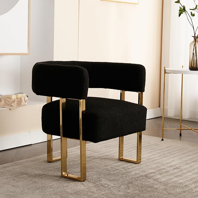 Modern Barrel Accent Chair with Golden Metal Legs Soft Sherpa Upholstered Reading Armchair Boucle Living Room Side Chair for Bedroom/Reception Room/Lounge/Office Black