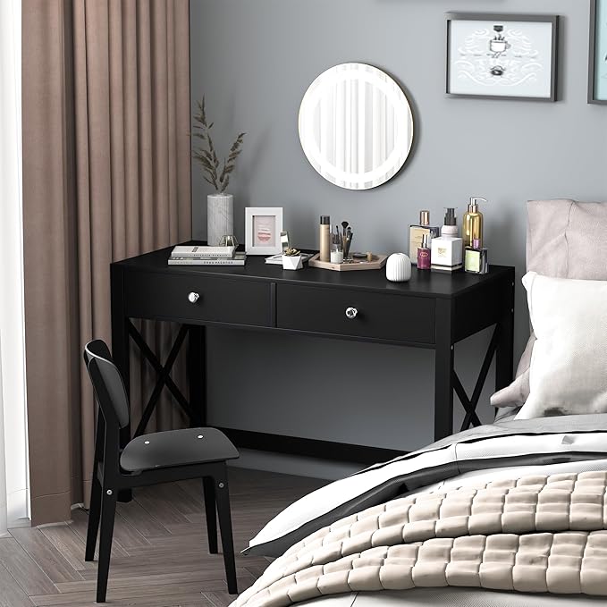 WiberWi Home Office Desk with Drawers Black Modern Writing Computer Desk Small Makeup Vanity Table for Bedroom Study Table for Home Office