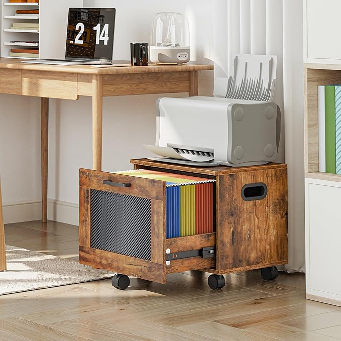 HOOBRO File Cabinet Rolling File Cart Under Desk Small Filing Cabinet File Organizer Box Home Office File Basket with Drawer for A4 Letter Files Rustic Brown and Black BF11WJ01G1
