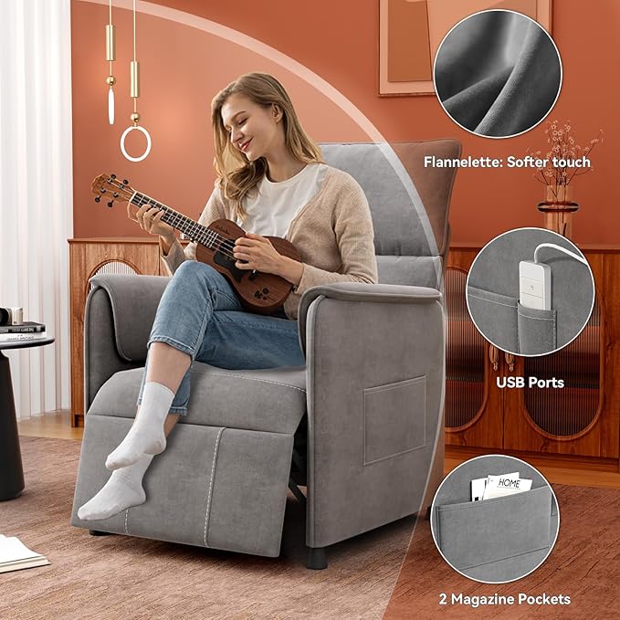 Recliner ChairElectric Adjustable Chenille Recliner with Remote Control and Padded BackrestHome Theater Recliner Single Sofa Seat with Thick Seat Cushion for Living Room Bedroom (Grey)