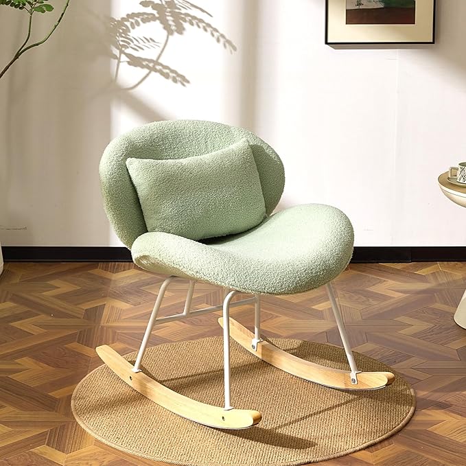 VINGLI 25.6 Extra Wide Nursery 115° Armless Rocking Chair Curved Cute Cross-Legged Glider Chair with Pillow &amp Solid Wood Nursing Chair for Bedroom Living Room Teddy Fleece Mint Green
