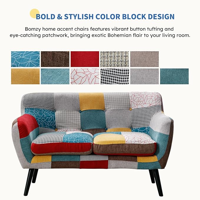 Bonzy Home Modern Boho Loveseat Couch Sofa Chair for Living Room Bedroom Upholstered Colorful Plaid Fabric 2-Seat Love Seat Sofa with Wood Leg for Small Space One Loveseat