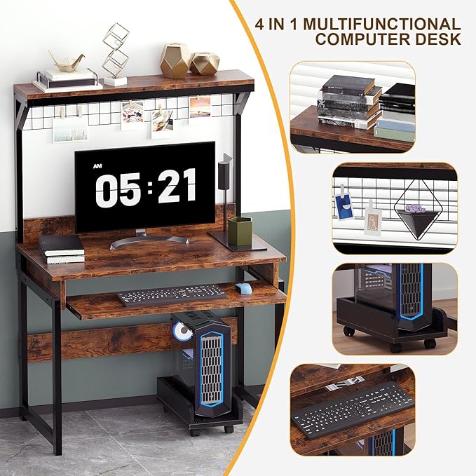 Gaming Computer Desk with Storage Shelves &amp Keyboard Tray 31.5 inch Desk for Small Spaces Home Office Desk with Host Rack for Living Room Study Room (Brown)