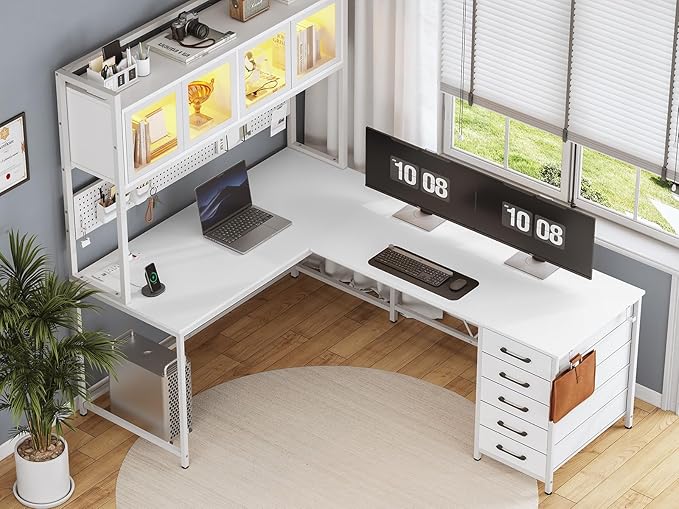 SEDETA L Shaped Gaming Desk with Drawers L Shaped Computer Desk with Hutch and Storage Shelves Gaming Desk with Pegboard Led Lights and Power Outlet Home Office Desk Corner Desk White
