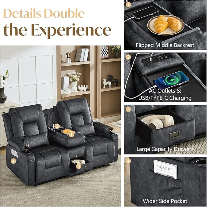Houjud Manual Reclining Loveseat Sofa with Console Recliner Sofa RV Couch with Bluetooth Speakers USB Charging AC Outlets and Pillow for Home Theater Velvet Gray