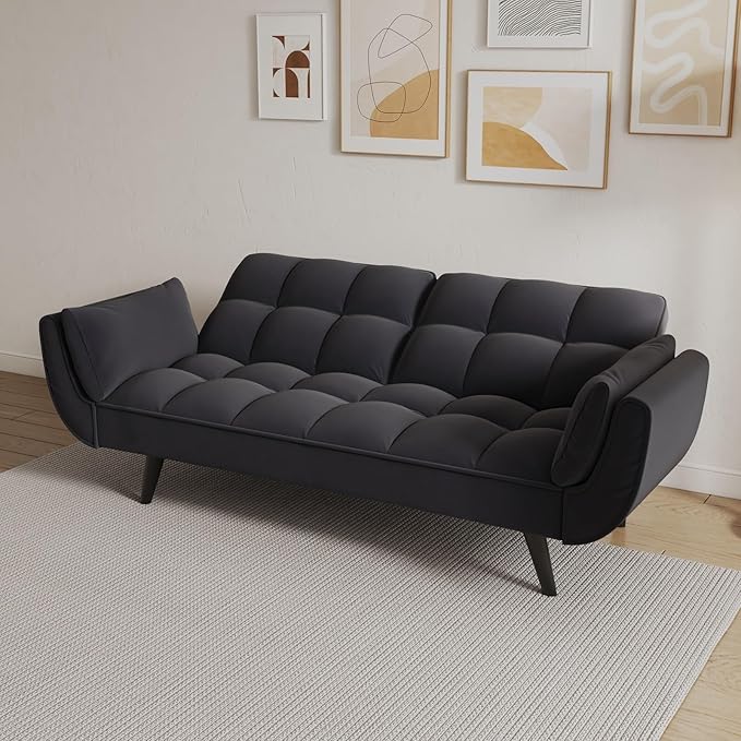 Velvet Futon Sofa Couch Bed with 2 Pillows Convertible Folding Futon Couch with Adjustable Backrest Love Seat Sleeper Sofa Bed for Small Spaces Living Room Office Apartment (Black)