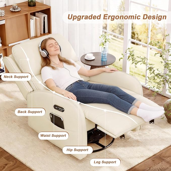 iPormis Power Recliner Chair for Adults Comfy Linen Fabric Swivel Rocking Recliner with Power Headrest/Lumbar Support/Charging Ports Electric Recliner Single Sofa Chairfor Living Room/Bedroom White