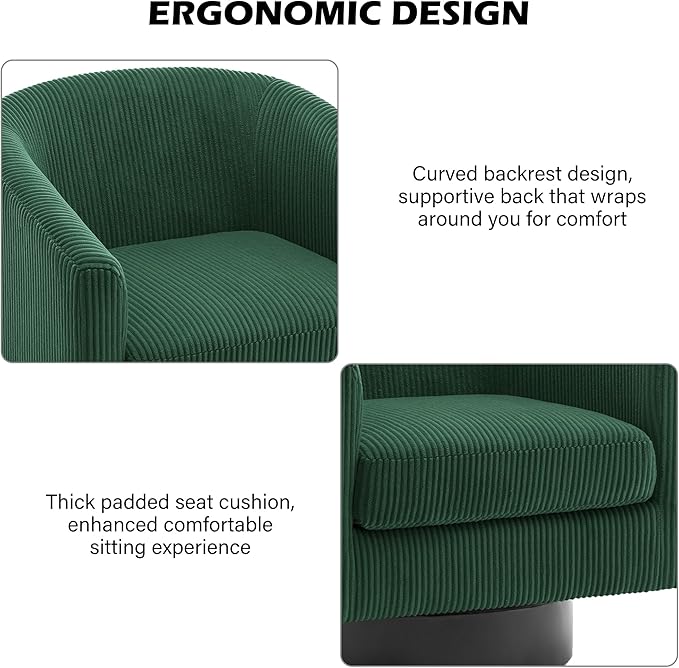 Swivel Barrel Accent Chair Modern Round Corduroy Fabric Arm Chair for Living Room Bedroom Comfy Club Reading Chairs for Adults (Corduroy Dark Green Set of 1)
