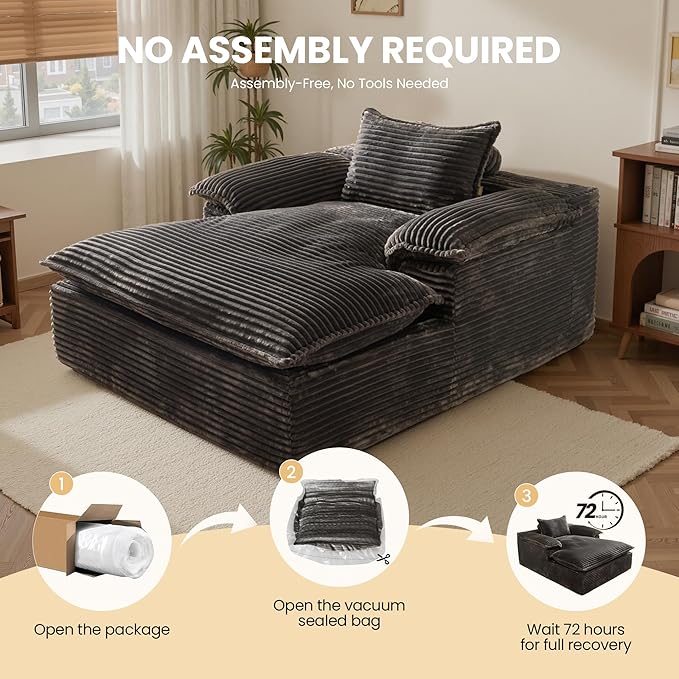 Chaise Lounge Chair Indoor Oversized Sleeping Couch 67L *53W Assembly Free Modern Minimalist Sofa With Comfy Curved Armrest Extra Deep Large Single Sofa for Living Room(Grey Plush Fabric)