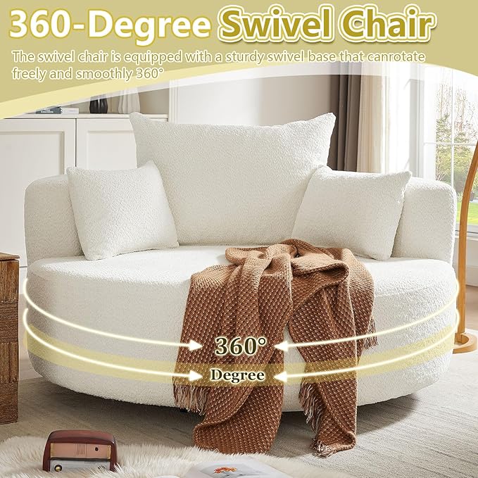 55 Oversized Round Swivel Chaise Longue Chair Indoor Modern 360 Degree Swivel Upholstered Chenille Deep Seat Circle Comfy Single Cloud Sofa Chair for Living Room Bedroom Apartment Office Beige