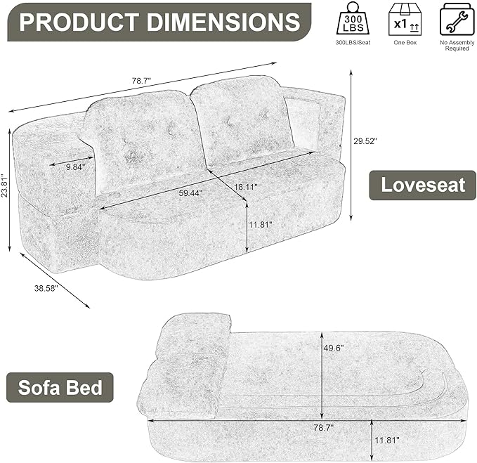 78.7 W Boneless Cloud Loveseat Sofa 2 in 1 Convertible Floor Folding Couch Bed No Assembly Compressed Foam Lounge Sofa Sleeper for Dorm Apartment Office Bedroom Living Room Small Spaces