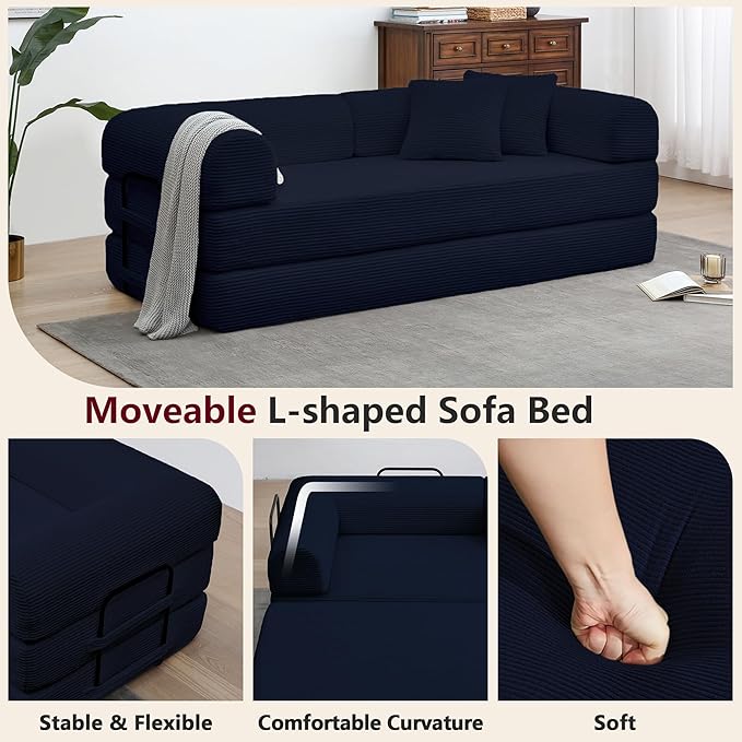 JJJ 63 inch Sofa Bed 4-in-1 Boneless Convertible Corduroy Sleeper Folding Couch with Fixed-Shape Frame and 2 Futons No Assemble Required 3 Seater Upholstered for Living Room (Blue 63 inch)