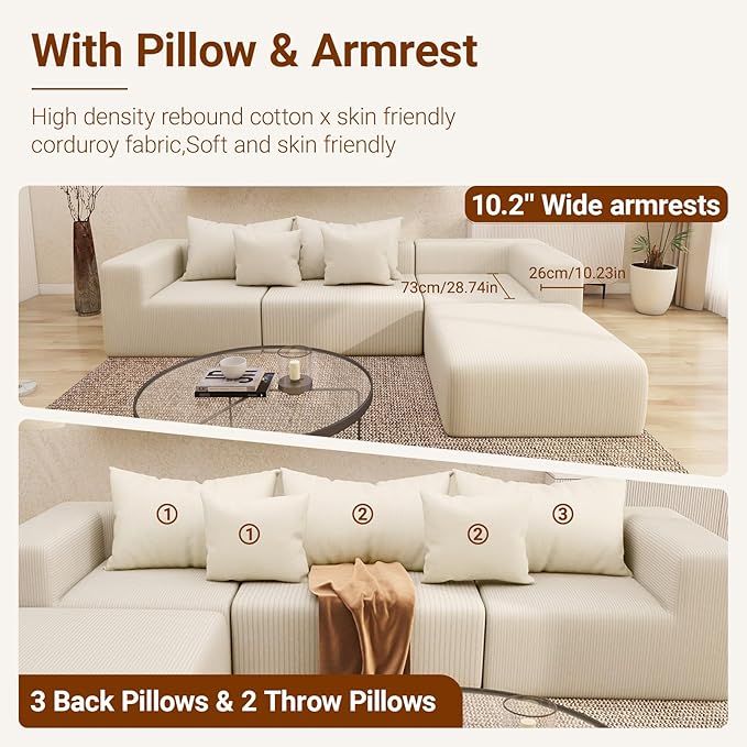 Cloud Modular Sectional Sofa for Living Room L Shaped Sectional Couch with Deep Seat 3-Seater Boneless Couch with Ottoman in Soft Corduroy Fabric Beige